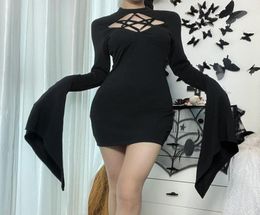 Casual Dresses women Hollow out slim dress with horn sleeve06844742