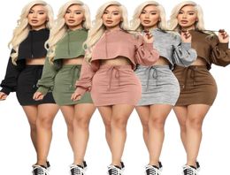 Women Dress Two Pieces Set tracksuits Nightclub Sexy Solid Colour Bat Lantern Sleeve Hooded Sweater And Skirt Show Waist Bandage L2151978