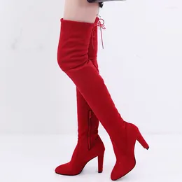 Boots Thigh High Sexy Party Fashion Suede Leather Shoes Women Over The Knee Heels Stretch Flock Winter Botas