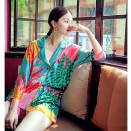 QSROCIO Women Pajama Set Hand Drawn Art Tropical Plants Pyjama Silk Like Nightwear Shorts Home Wear Clothes Sleepwear Homewear 240520