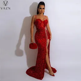 Casual Dresses VAZN 2024 Pure Color Lady Floor Length Dress Sleeveless Strapless Sexy Street Style Women Sequins Long
