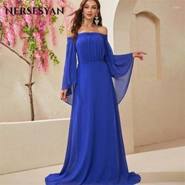 Party Dresses Nersesyan Royal Blue Chiffon Formal Off The Shoulder Long Sleeves Evening Gowns Sexy A Line Draped Prom Gown 2024