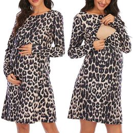 Maternity Dresses New lactating womens casual long dress with leopard print loose fitting dress baby shower maternity dress S6 d240520