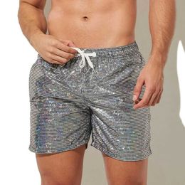 Men's Shorts Metallic Print Beach Pants Shiny Trail Pants Mens Sequin Gym Shorts with Elastic Belt for Quick Drying on the Beach Q240520