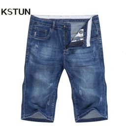 Summer Shorts Jeans for Men Stretch Denim Shorts Slim Straight Blue Scratched Fashion Pockets Man Casual Knee Length Pant 240516
