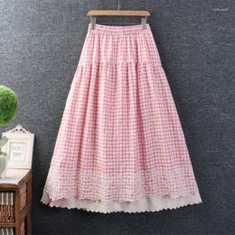 Skirts Women's Lace Plaid Skirt Loose A-line Elastic Waist Cotton Linen Casual Sweet Vintage Japan Style Mori Girl
