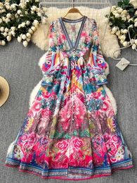 Casual Dresses Summer Gorgeous Flower Dress Women Chiffon Clothing Sexy Deep V Neck Single Breasted Floral Print Beach Boho Long Robe