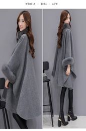 Women Woolen Coat Cape Coat Poncho Faux Fur Collar Loose Tops Outwear Knitwear Cloak Coats Long Poncho Faux Fur Big Yards4654808