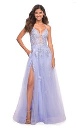 Party Dresses A-line V Neck Sleeveless Prom Long Tulle Dress With Split Spaghetti Straps Appliques Lace-Up Formal Evening