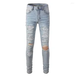 Men's Jeans Streetwear Fashion Men Retro Light Blue Stretch Slim Fit Hole Ripped Patched Designer Hip Hop Brand Pants Hombre