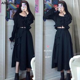 Work Dresses Sets Women Two Piece Puff Sleeve Ruffles Lace Up Blouses Cargo Empire Mid-calf Skirts All-match Korean Style Solid Retro Female