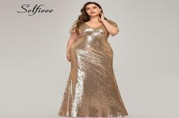 Plus Size Rose Gold Mermaid Women Dresses Short Sleeve Sequined VNeck Bodycon Elegant Maxi Dresses For Party Robe Femme Y2004184381064