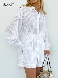 Bclout Summer White Stripe Shorts Set 2 Pieces Outfits Fashion Lantern Sleeve Shirts Elegant Cotton Wide Leg Suits 240507