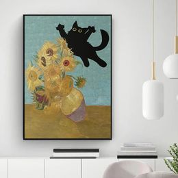 Funny Black Cat Wall Art, Van Gogh Starry Night Poster, Abstract, Famous Reproduction, Canvas Painting, Aesthetic Room, Home Decor No Framed