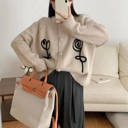 Women's Knits Casual Crew Neck Button Long Sleeve Embroidery Rose Floral Print Loose Knitted Sweater Tops For Women PYMY-MY911