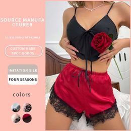 Wind lingerie sexy women's suspender belly pocket shorts set, home clothing, ice silk backless pajamas