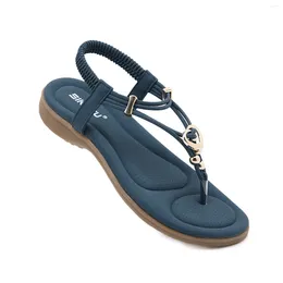 Sandals SIKETU Women Rhinestone Round Toe Elastic Band PU Seaside VacationFlat Bottom Bohemian Shoes Treasure Blue