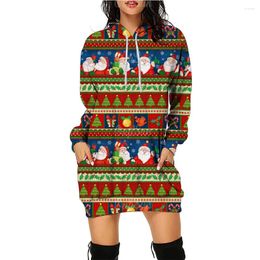 Casual Dresses Christmas Striped Sweatshirt Hoodie Dress Autumn Fashion Loose Plus Size Pullover Santa Printed Top Elegant Girls