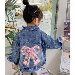 Jackets Spring Autumn Girls Denim Coat Pearl Embellishment Bow Knot Fashion Jacket For 3 4 5 6 8 10 12 Years Kids Casual Outerwear