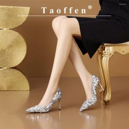 Dress Shoes Taoffen Bead Tablet Women's Pumps Genuine Leather High Heels Fashion Pointed Toe Party Sandals Thin Lightweight Lady