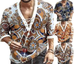 2020 new autumn Men Fashion Half Sleeve V Neck Floral Print Chest Laceup Shirt Tshirt Top2986573