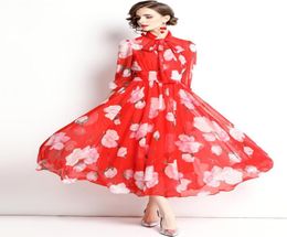Early Autumn Women039s Chiffon Floral Printing Dress Fashion Summer Waistclosing Vestidos Stand Collar with Bow 34 Lantern Sl3085851