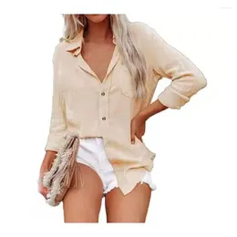 Women's Blouses Long Sleeve Top Women Solid Color Shirt Elegant Lapel With Patch Pocket Single Breasted Office Lady