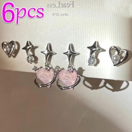 Stud Earrings 6Pcs/Set Women's Personality Fashion Y2K Pink Crystal Heart Temperament Piercing For Ears Korean Jewelry Gift