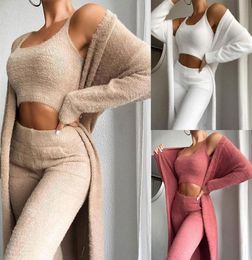 Designer Ladies Teddy Lounge Wear Set Womens 3 Piece Tracksuits Fleece Pyjamas Cardigan7022004