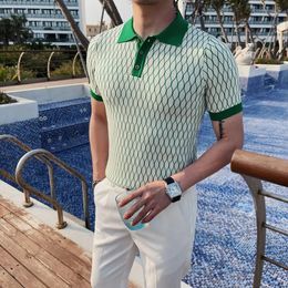 2023 Summer Diamond Plaid Knitted Polo Shirt Mens Ice Silk Short Sleeve Slim Fit Lapel Tshirt Streetwear Plus Size 4XLM 240507