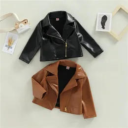 Jackets 1-5years Kids Pu Leather Jacket Long Sleeve Turn-Down Collar Zipper Closure Casual Outwear For Girls Spring Fall Coats