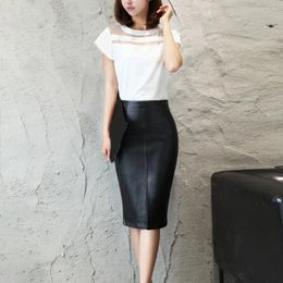 Skirts Slit Skirt High-waist Sheath High Waist Faux Leather Midi With Split Hem Zipper Closure Slim Fit Knee Length Ol