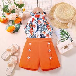 Clothing Sets Kids Clothes Sets For Girls 4-7 Years Hanging Neck Sleeveless Top And Orange Shorts Summer Casual Vocation Party Two Piece Set Y240520CRXW