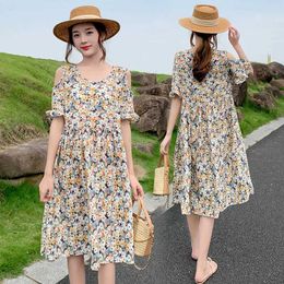 Maternity Dresses Pregnant womens chiffon dress Spring/Summer Bohemian womens Maxi dress Pregnant womens casual shoulder short sleeved beach dress d240520