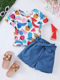 Clothing Sets Girls summer new casual resort style set + top color fruit print dark blue shorts two-piece set Y2405209GEA