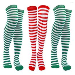Women Socks Elastic Thigh-highs 3 Pairs Green White Striped Stockings With High Elasticity For Holiday Christmas Stage Performance Party