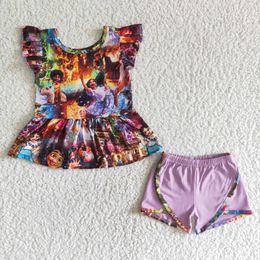 Carattere anime stampato top multicolore abbinato a carattere di cartone animato Shorts viola cortometri estivi ragazze fresche set di abbigliamento a due pezzi set di abbigliamento