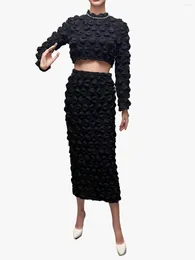 Work Dresses Women's Water Drops Bubble Long Sleeve Top-Skirt Set Bodycon Casual High Waist Maxi Skirt Plus Size Autumn 2024