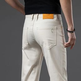 Mens Khaki White Cotton Stretch Slim Smart Jeans Casual Straight Business Fashion Beige Brand Denim Trousers 240520
