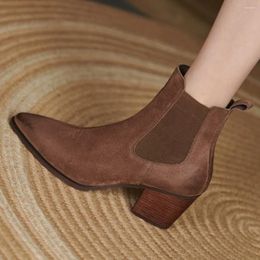 Boots Plus Size 34-42 Women's Genuine Leather Elastic Slip-on Autumn Ankle Pointed Toe 6.5cm Thick Med Heel Retro Western