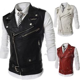 Mens Suit Vest Black Lapel Collar Zipper Short Leather Fashion Casual Vest Punk Style Gilet Men For Clothing 240515