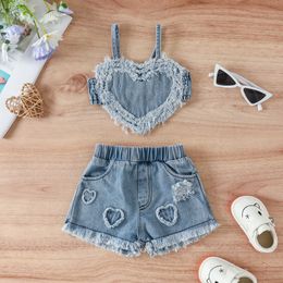Clothing Sets Ma 3-24M newborn toddler baby girl set fashionable heart-shaped top denim dress summer clothing D05 J240518