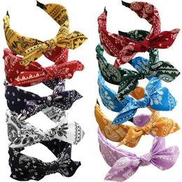 Hair Accessories Boho Bow Womens Headband Vintage Paisley Bandana Flower Print Headband Elastic Rabbit Ear Wrap Cute Hair Accessories d240520