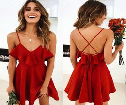 Ruffles V Neck Red Mini Dress Summer Women 2020 beach dress Short Backless Spaghetti Strap Sexy Dresses Ladies Sundress Female2858399