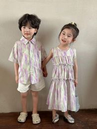 Clothing Sets Children's Set 2024 Summer Fashion Tie-dye Shirts Shorts Toddler Boys Holiday Outfits Girls Dresses Brother Sister Clothes