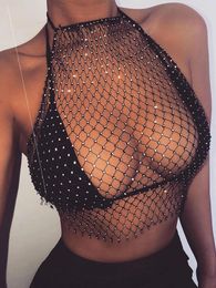 Women's Swimwear Women Bikini Bling Crystal Cover Up Tops Sexy Fishnet Hollow Out See Through Swimsuit Black White