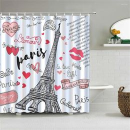 Shower Curtains Eiffel Tower Paris Pink Landscape Curtain Striped Background Heartfelt Romantic Lips Bathtub Partition Bathroom Decor