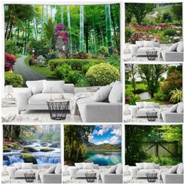 Tapestries Nature Forest Park Landscape Tapestry Green Bamboo Spring Flowers Plants Rustic Waterfall Scenery Garden Wall Hanging Home Decor