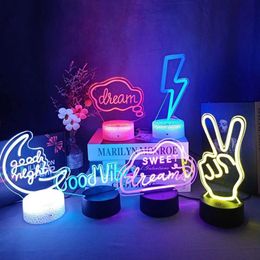 Lamps Shades 3D LED Night Light Room Decor Good Vibes Dream Open Hello Flash Neon Sign Table Lamp for Home Party Wedding Decor 7/16 Colours Y2405204OWX