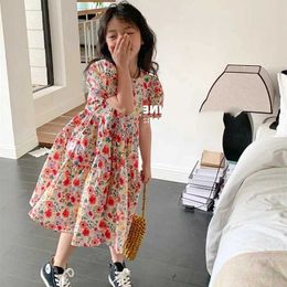 Girl's Dresses Childrens cute summer dress girl printed floral vest baby casual short sleeved dress 2024 new childrens puff sleeve clothing d240520